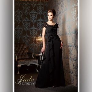 Jade Couture K148059 Black mother of bride dress Lace Bodice Chiffon Skirt Sz 14
